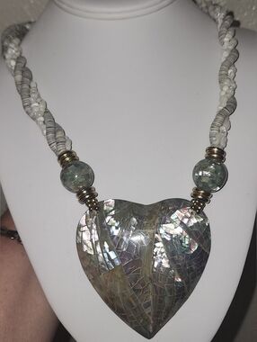 Artisan Mosaic Mother of Pearl and Inlaid Abalone Shell w Heishi Shell Strands